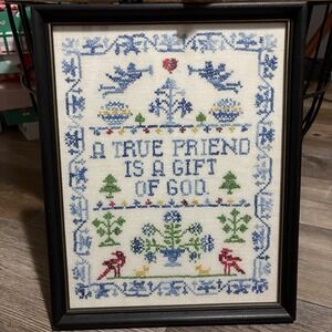 Vintage 1977 Crossstitch "A True Friend Is A Gift Of God" Framed Floral Cottage